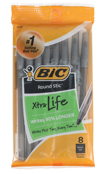 BIC Round Stic Xtra Life Ballpoint Pens, Medium Point (1.0mm), Black, 8-ct. Pack