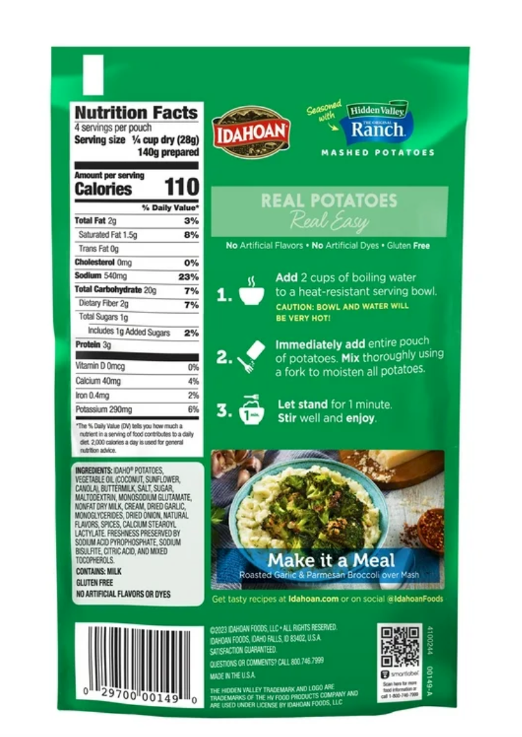 Idahoan Mashed Potatoes seasoned with Hidden Valley Original Ranch , 4 oz