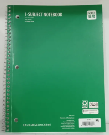 College Ruled 1-Subject Notebook, 8" x 10.5", Green, 70 Sheets