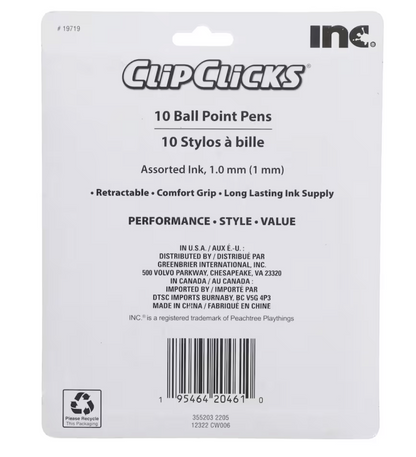 Inc. ClipClicks Colorful Ballpoint Pens, 10-ct.