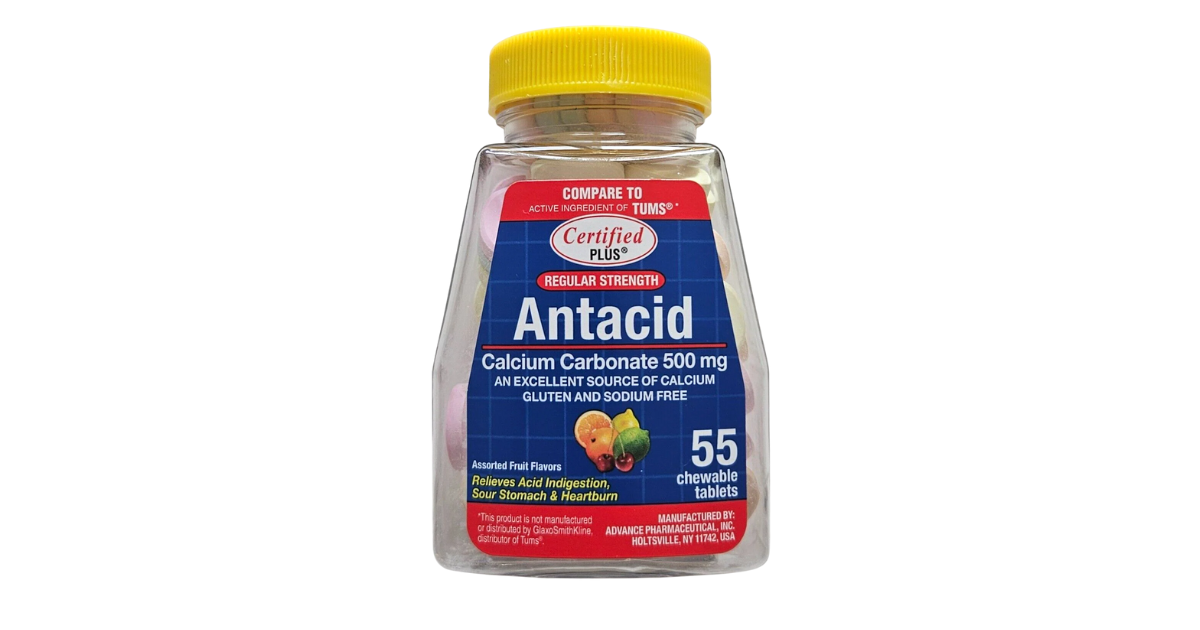 Certified Plus Antacid Calcium Carbonate 500mg  55 Chewable Tablets