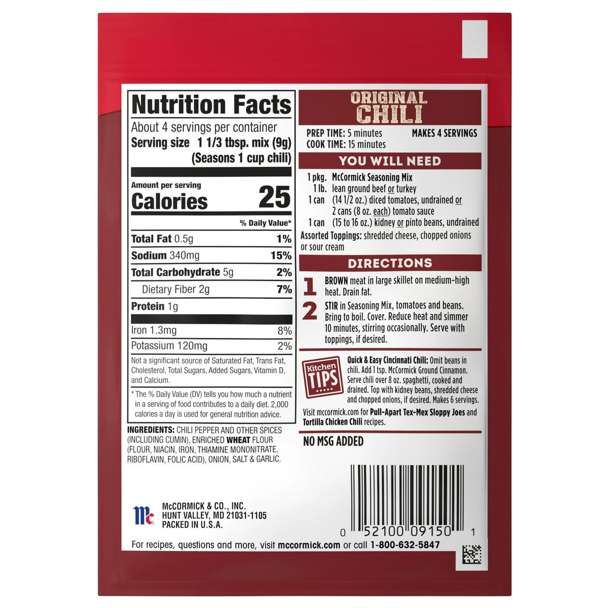 McCormick Original Chili Seasoning Mix, 1.25 oz(35g)