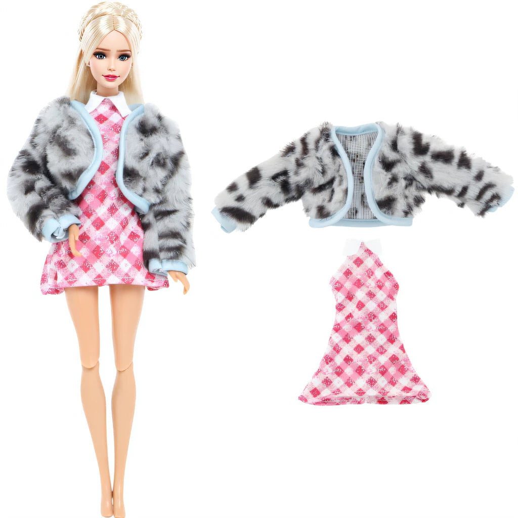 Doll Outfit Soft Fur Coat + Daily Party Colorful Dress