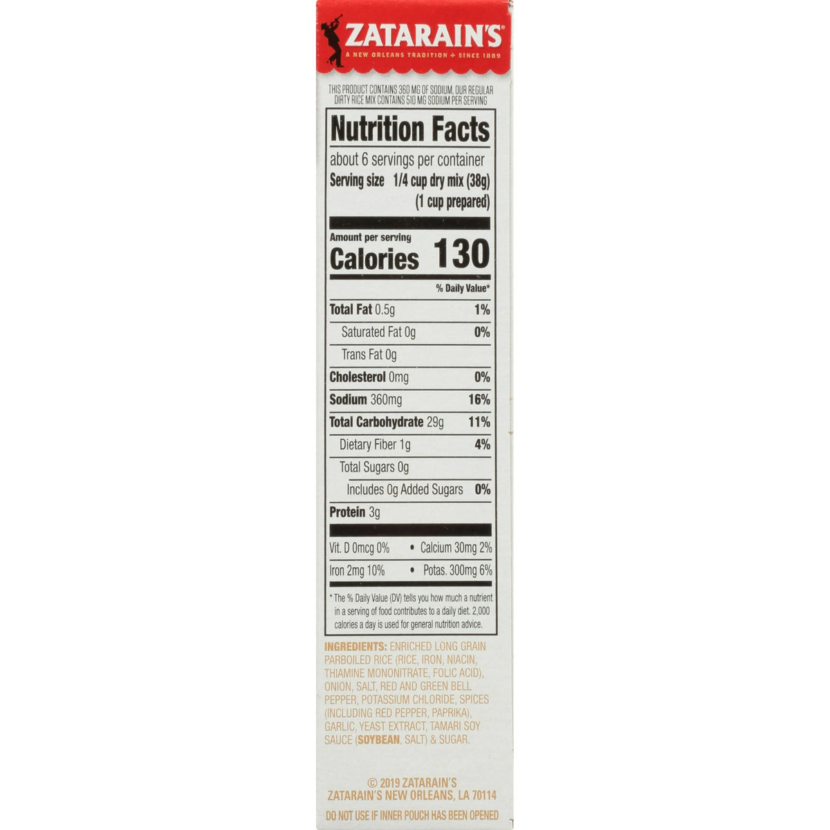 Zatarain's No Artificial Flavors Gluten Free Reduced Sodium Dirty Rice, 8 oz Box