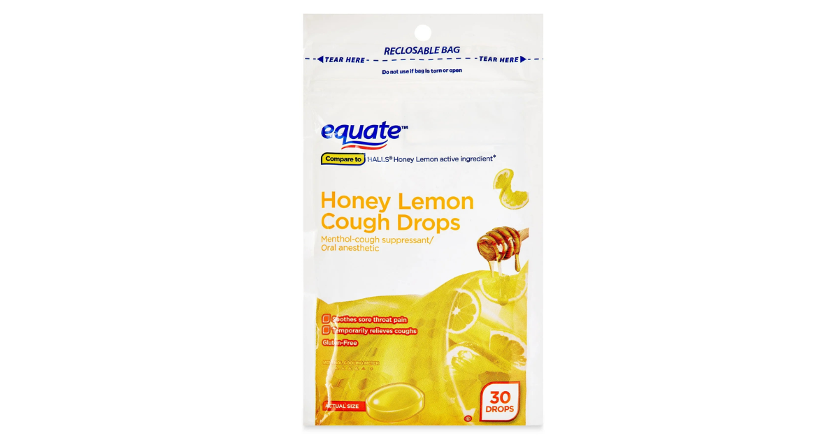 Equate Sore Throat and Cough Relief Honey Lemon Cough Drops with Menthol, 7.5mg, 30 Count