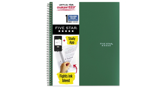 Five Star Wirebound Notebook Plus Study App, 1 Subject, College Ruled, Forest Green