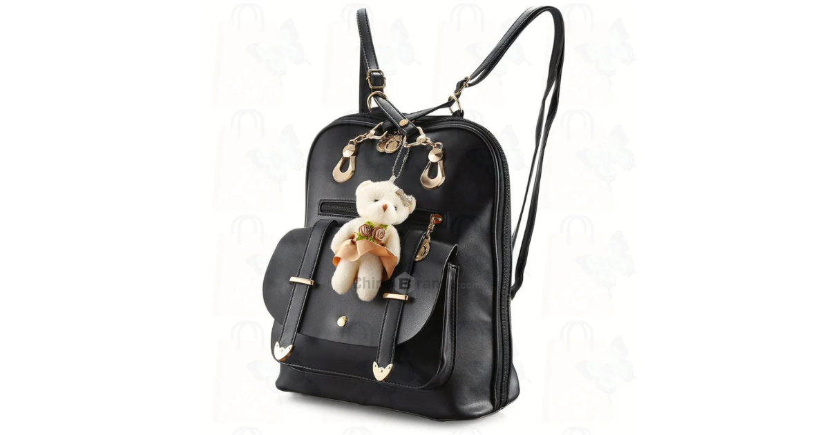 Women Fashionable Backpack Cute Bear Pendant PU Leather Girls Schoolbag Casual Daypack Adjustable Shoulder Straps