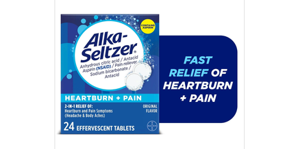 Alka-Seltzer Heartburn + Pain, Aspirin + Antacid Tablets for Fast Pain Relief, Heartburn Relief & Acid Indigestion Relief, 24 Ct