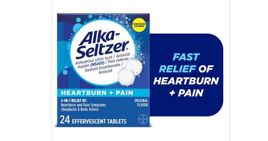 Alka-Seltzer Heartburn + Pain, Aspirin + Antacid Tablets for Fast Pain Relief, Heartburn Relief & Acid Indigestion Relief, 24 Ct