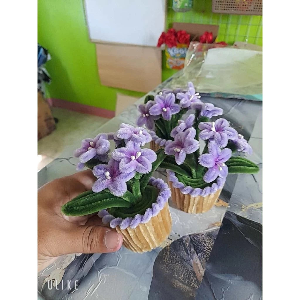 pipe cleaner or fuzzy wire flowers bouquet mini pot in flower vase