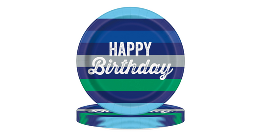 Striped Happy Birthday Disposable Paper Plates, 9", Blue/Green, 10 Pieces, by Way To Celebrate