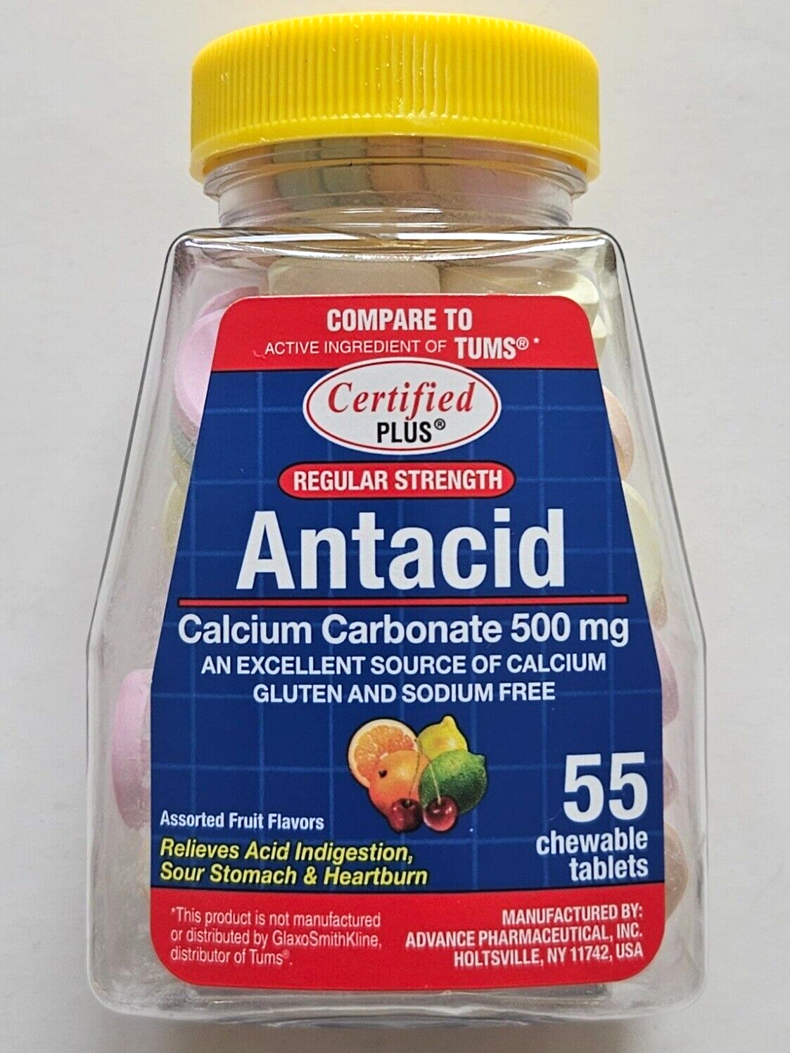 Certified Plus Antacid Calcium Carbonate 500mg  55 Chewable Tablets