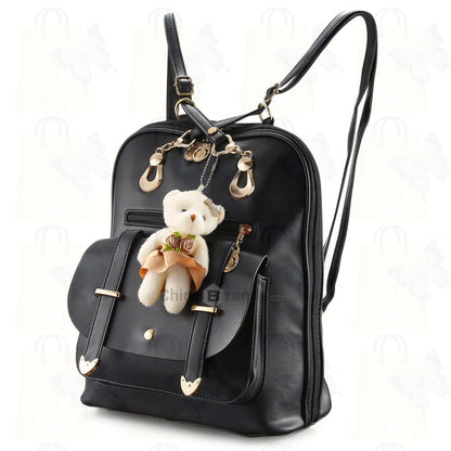 Women Fashionable Backpack Cute Bear Pendant PU Leather Girls Schoolbag Casual Daypack Adjustable Shoulder Straps
