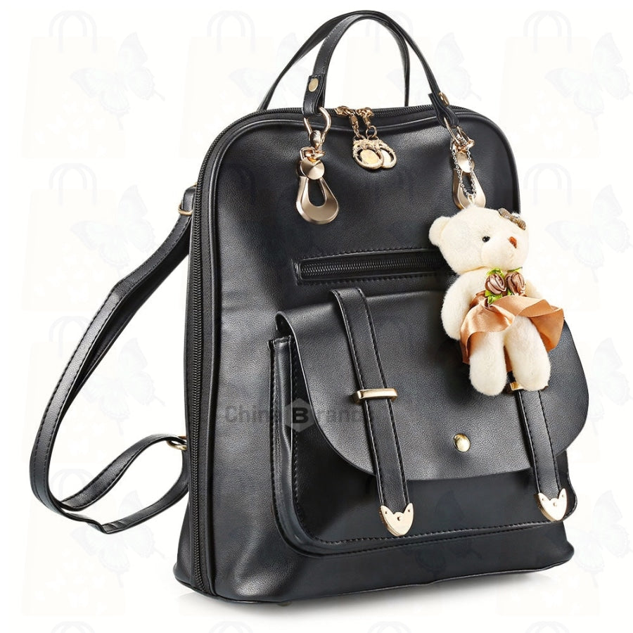 Women Fashionable Backpack Cute Bear Pendant PU Leather Girls Schoolbag Casual Daypack Adjustable Shoulder Straps