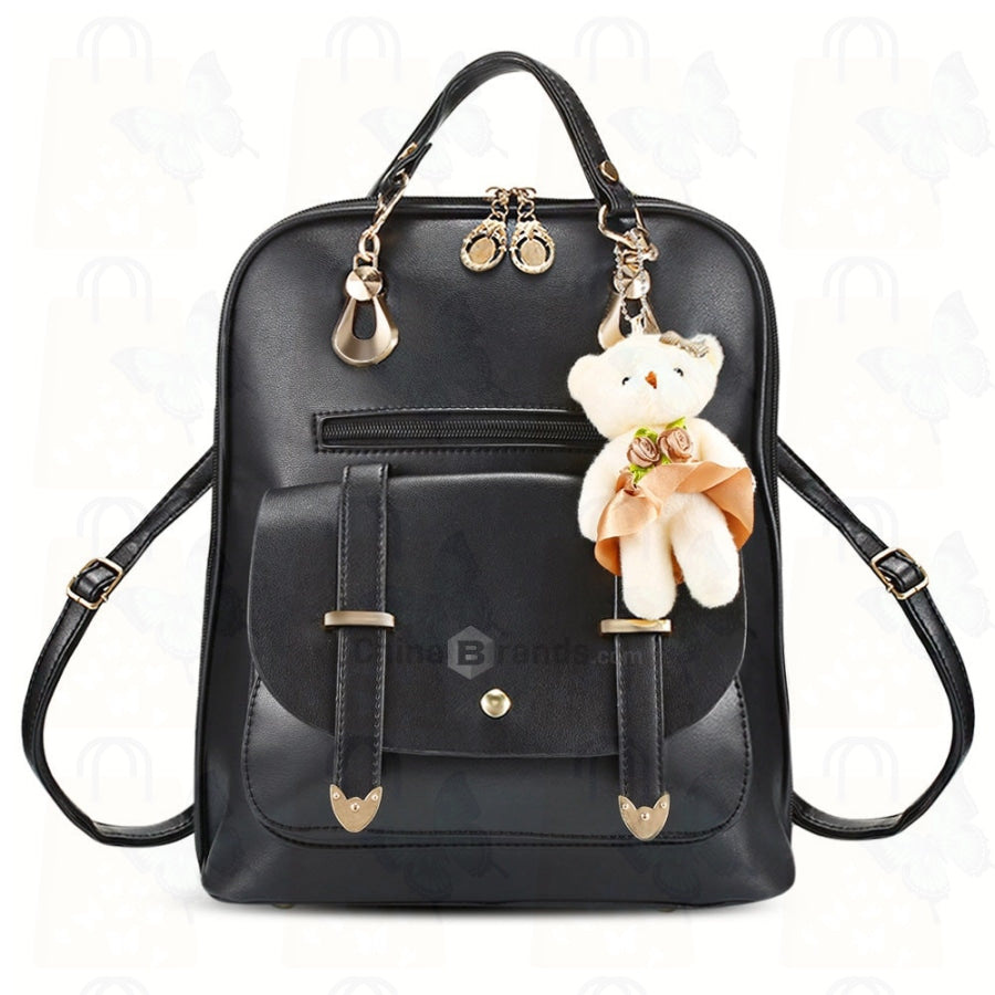 Women Fashionable Backpack Cute Bear Pendant PU Leather Girls Schoolbag Casual Daypack Adjustable Shoulder Straps
