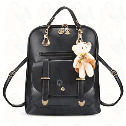 Women Fashionable Backpack Cute Bear Pendant PU Leather Girls Schoolbag Casual Daypack Adjustable Shoulder Straps