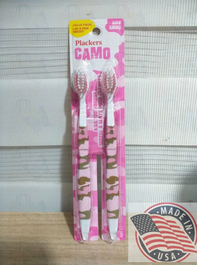 Plackers Camouflage 2-Pack Soft Toothbrushes For Kids Value Pack (PINK CAMO)