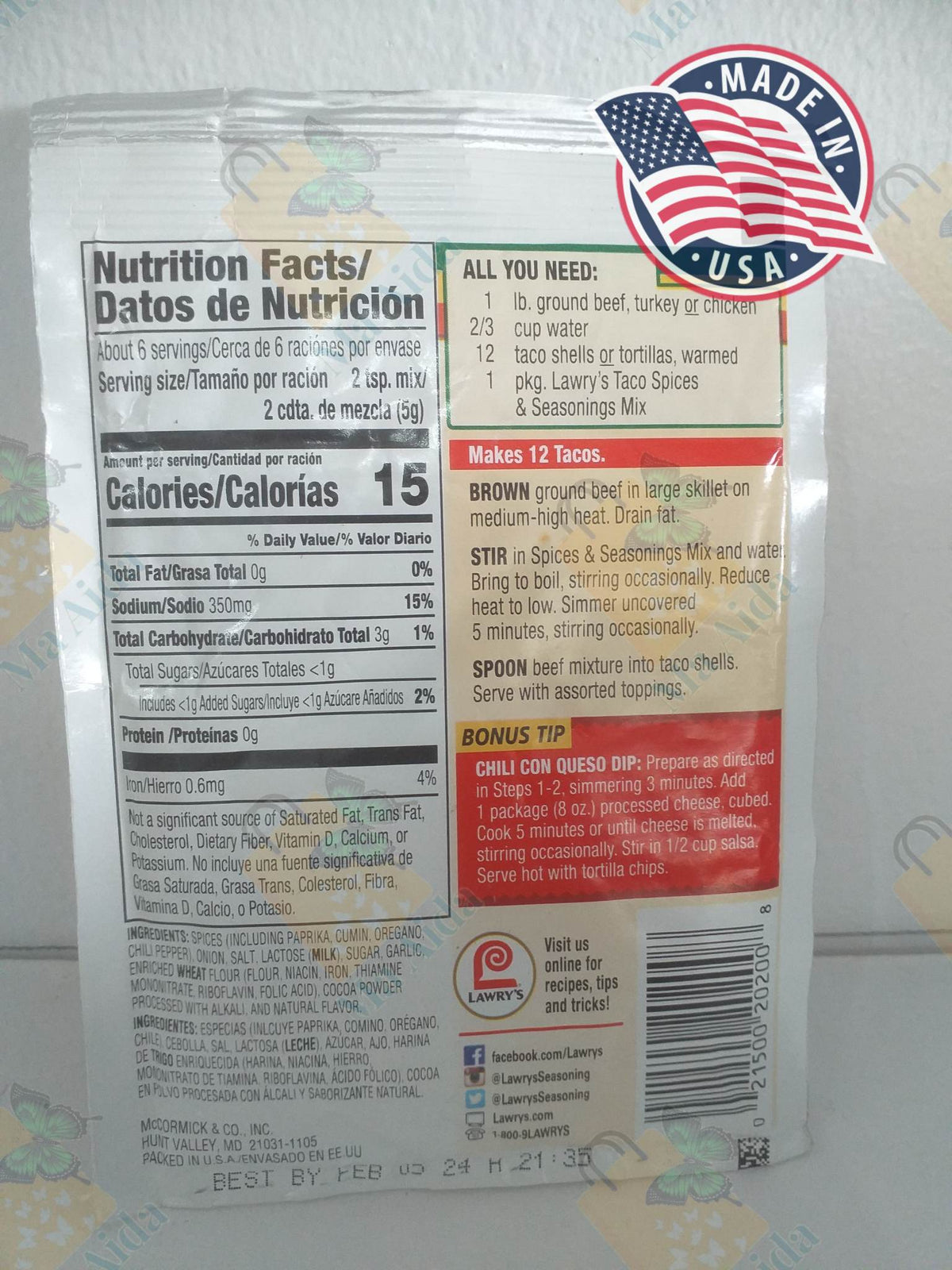 Lawry's Taco Seasoning Mix, 1 oz (28.3g)