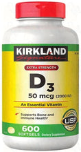 Load image into Gallery viewer, KIRKLAND SIGNATURE Maximum Strength Vitamin D3 2000 I.U. 600 Softgels
