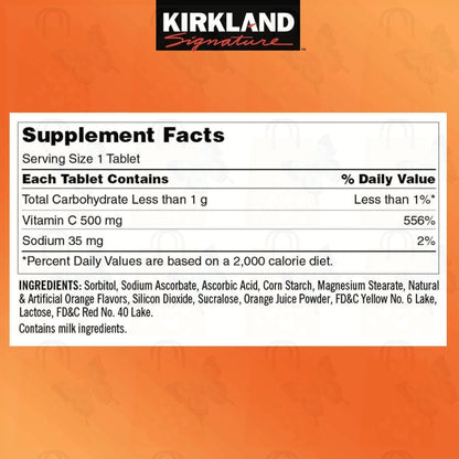Kirkland Vitamin C (500 mg), Tangy Orange, Chewable Tablets, 500 Count (U.S.A)