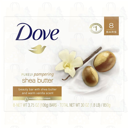 Dove Purely Pampering Moisturizing Beauty Bar Soap With She Butter and Vanilla Scent 8 Bars Soap 30 Oz(850g)
