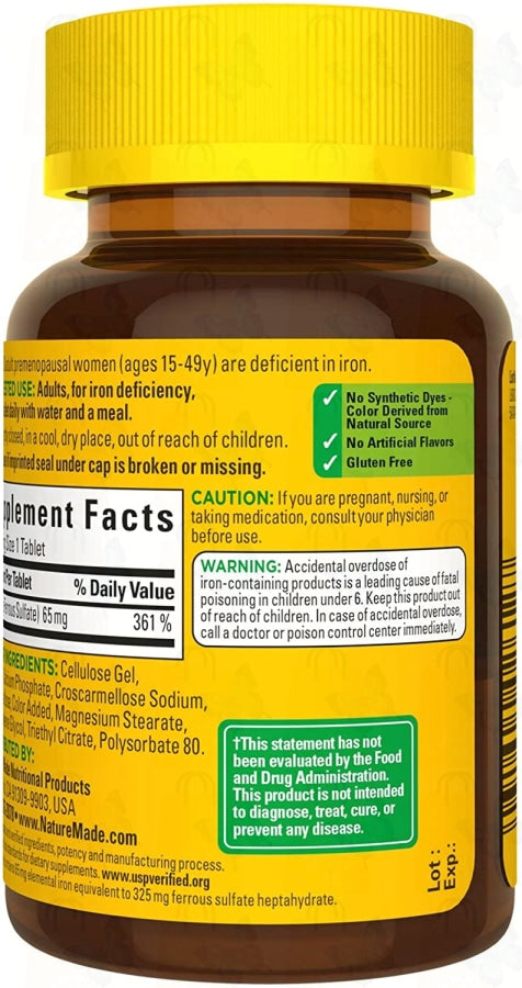 Nature Made Iron 65 mg (from Ferrous Sulfate) Tablets, 180 Count